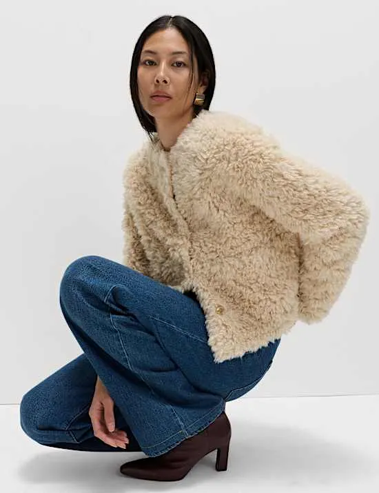 Faux Fur Textured Collarless Short Jacket