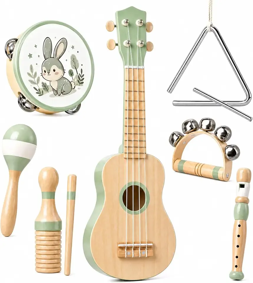 Kids Musical Instruments - 7 in 1 Toddler Ukulele Set for 2+, Green