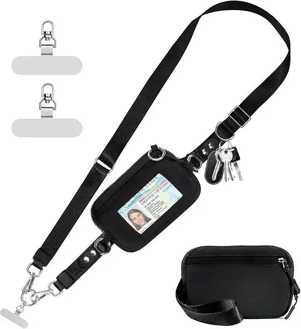 Clip and Go Strap for Phone with Wallet Crossbody Phone Lanyard Adjustable and Detachable RFID Wristlet Wallet with ID Window and Zipper, Black