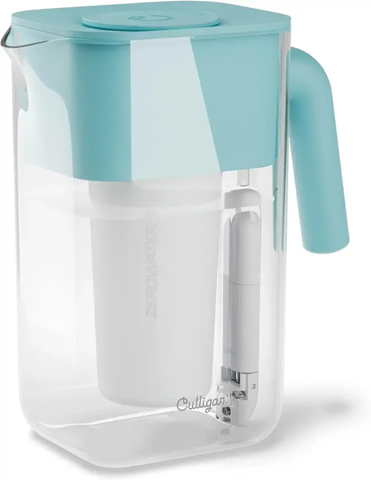 Culligan with ZeroWater Technology 10-Cup Water Filter Pitcher – Includes 5-Stage Advanced Water Filter, IAPMO Certified to Reduce Lead, Total PFAS, Mercury, Fluoride, and Chlorine - Aqua