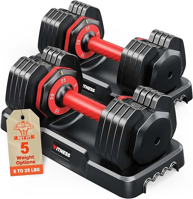 Rendpas Adjustable Dumbbells Set of 2, 5-in-1/10-in-1/16-in-1 Quick-Lock Hand Weights 25/55/80 lbs Pair, Anti-Slip Handle Free Weights Set for H…