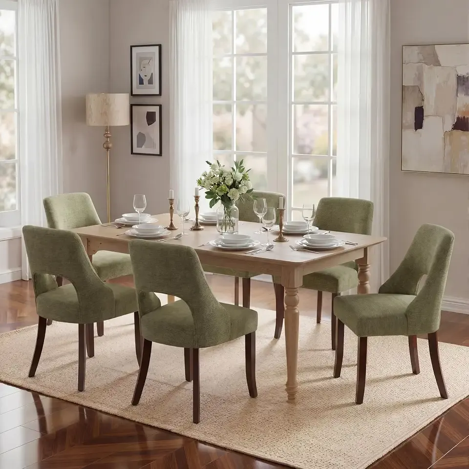 UVV Wooden Dining Chairs Set of 6, Mid Century Modern Chenille Upholstered Dining Room Chair Kitchen Chairs, Farmhouse Dinner Chair with Solid Wood Legs for Kitchen Dining Room, Green