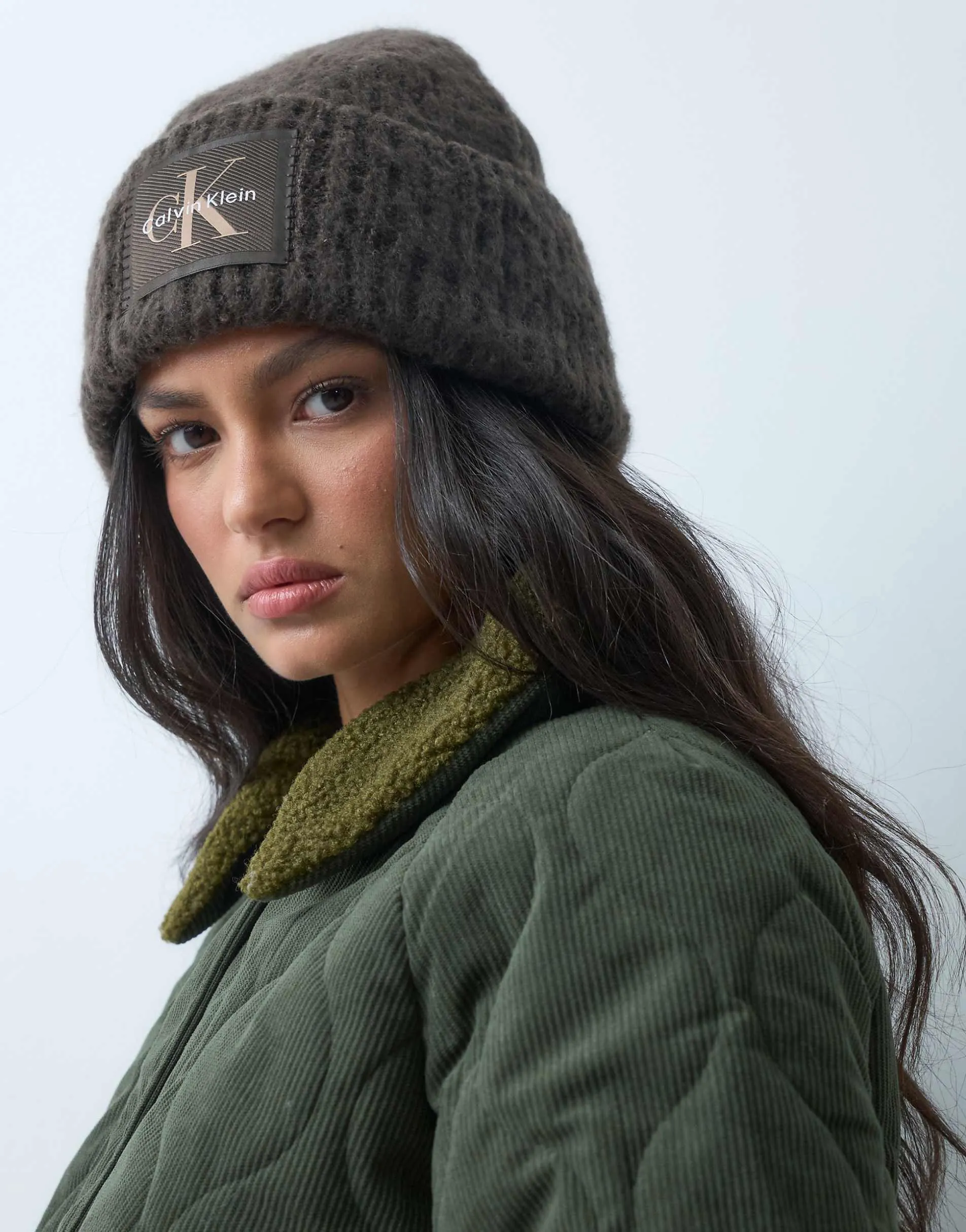 Calvin Klein woven label brushed chunky rib beanie in chocolate brown