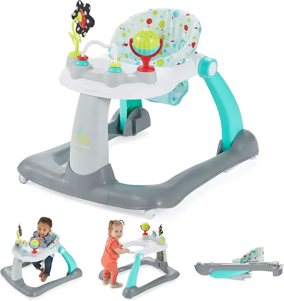 Kolcraft Tiny Steps 2 in 1 Foldable Infant and Baby Walker with Wheels, Seated or Walk Behind Activity Center, Entertaining Developmental Activities for Boys and Girls, Wide Base Sturdy Frame, Bubbles