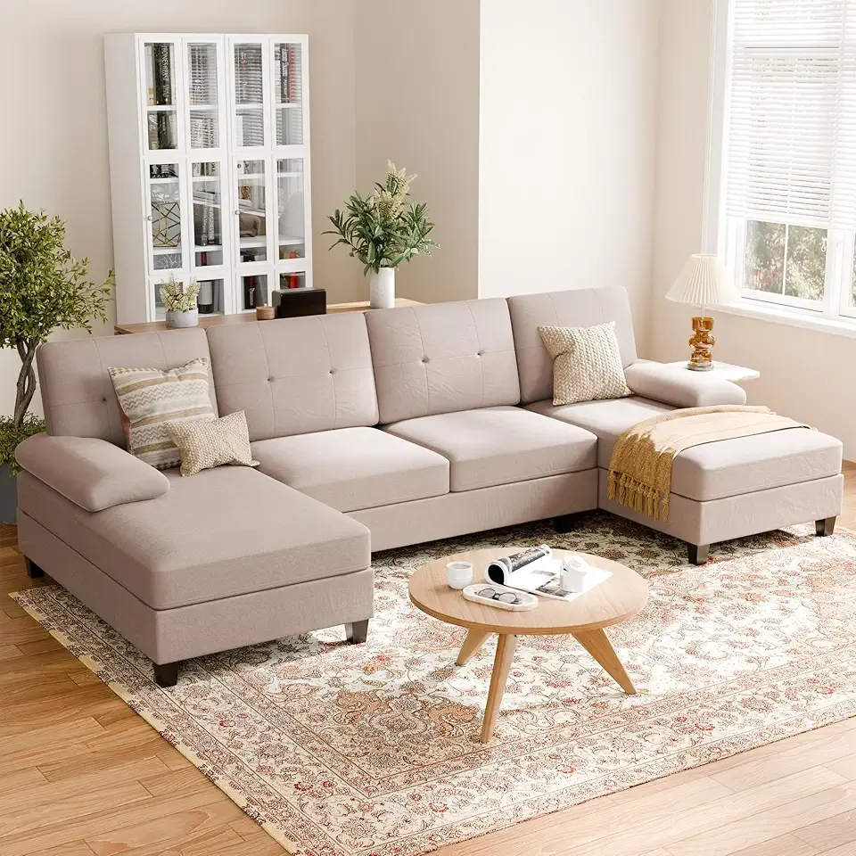 Shintenchi U Shaped Sectional Couches for Living Room, 4 Seat Modern Sectional Sofa with Removable Armrest & Soft Backrest for Apartment and Small Space, Milky Coffee