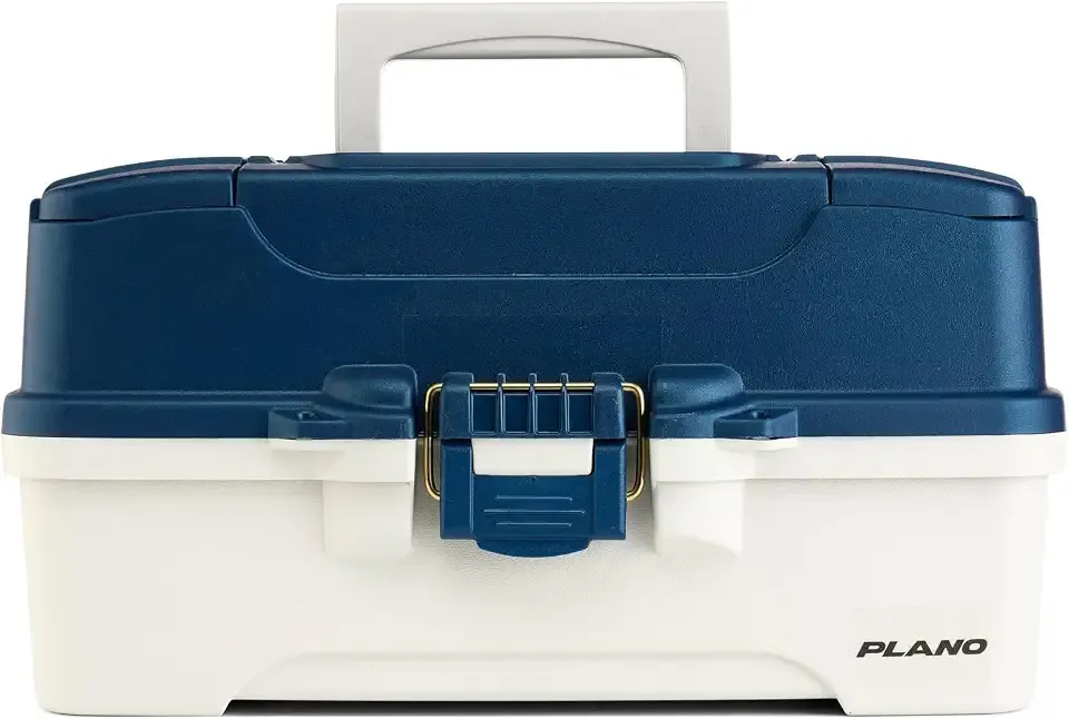 Plano Three-Tray Tackle Box, Blue/White, Rust-Proof Brass Latch, Top-Access Tray with Deep Storage, Made in the USA, Portable Fishing Gear Storage Organizer