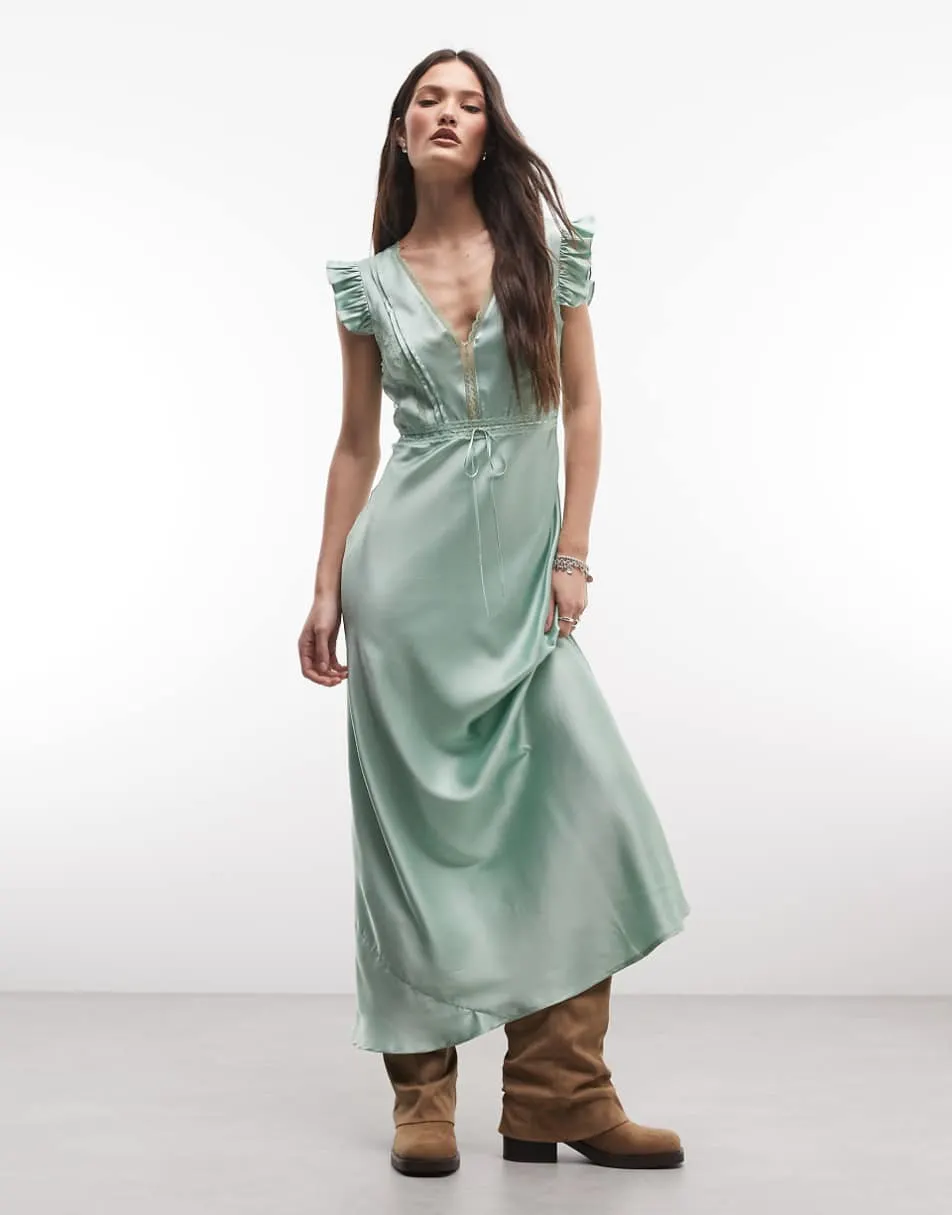 Reclaimed Vintage maxi tea dress with lace inserts and pintucks in sage green
