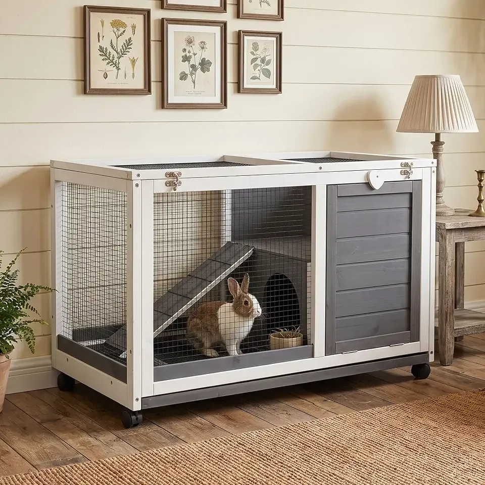 Wooden Rabbit Hutch Indoor Large Bunny Rabbit Cage Grey 34"