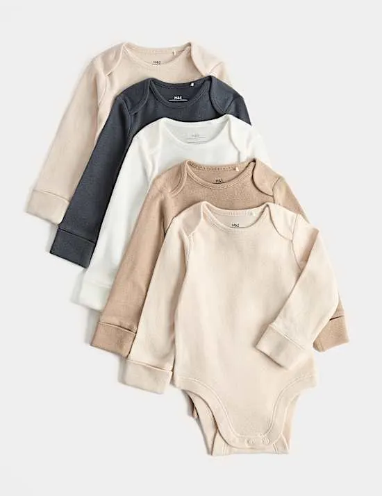 5 Pack Pure Cotton Plain Long Sleeve Bodysuits (7lbs-3 Yrs)