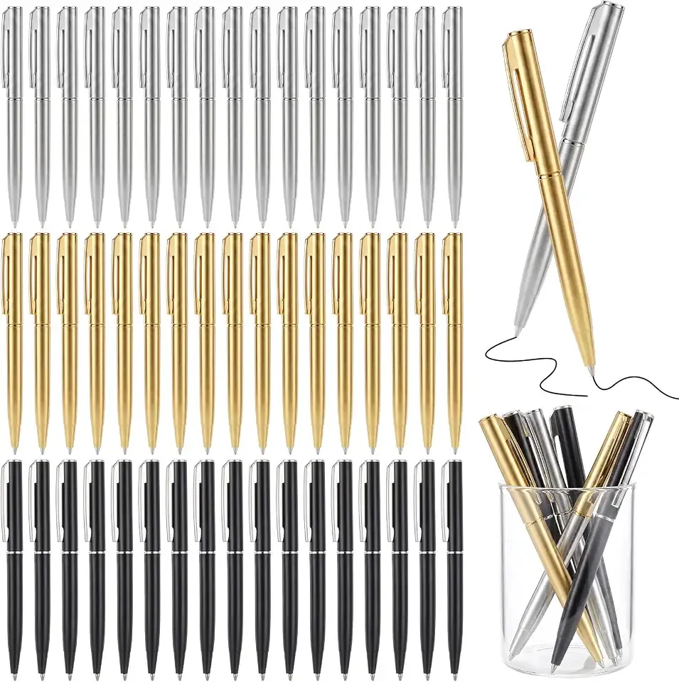 150Pcs Slim Ballpoint Pens, 4 Inch Retractable Black Ink Ballpoint, Medium Point, Bulk Metal Pen Set, Gold & Silver & Black Options, Wedding Favors, Office, Business, Teachers