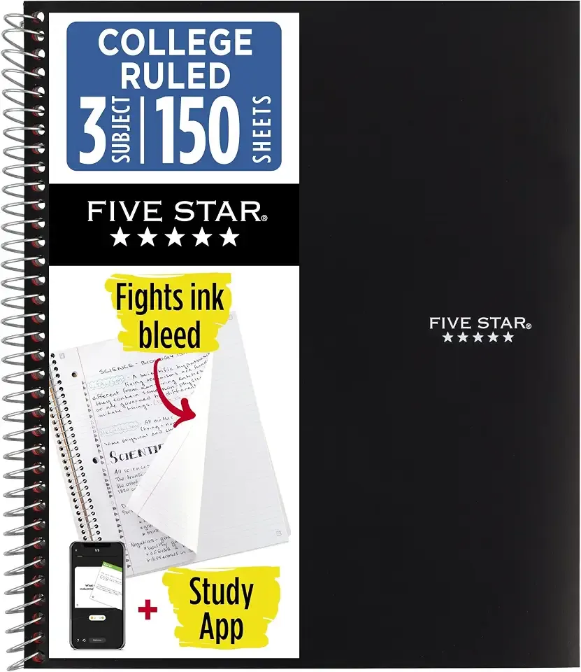 Five Star Spiral Notebook + Study App, 3 Subject, College Ruled Paper, Fights Ink Bleed, Water Resistant Cover, 8-1/2" x 11", 150 Sheets, Black (72069)
