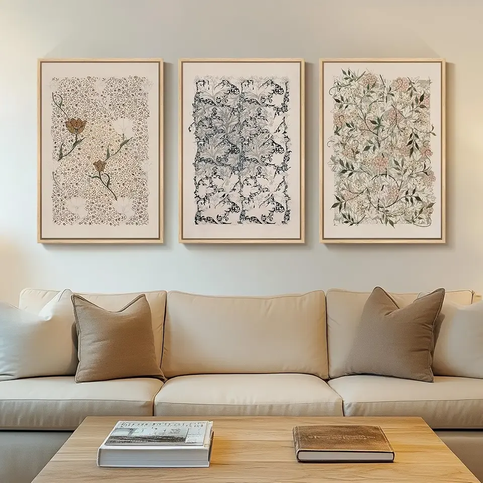 Framed Large William Morris Canvas Wall Art Set of 3, Vintage Nature Floral Artwork Prints, Boho Neutral Botanical Wall Decor for Living Room, Bedroom, Hallway and Office, Total Size 30x60