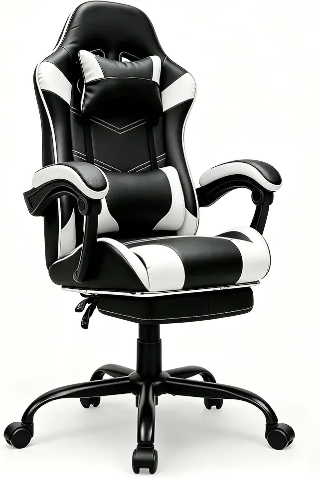 Gaming Chair with Footrest, Ergonomic Video Game Chair with Headrest and Lumbar Support, 400 lbs Adult Chair, Height Adjustable 360° Swivel High Back Reclining Computer Chair for Home Office (White)