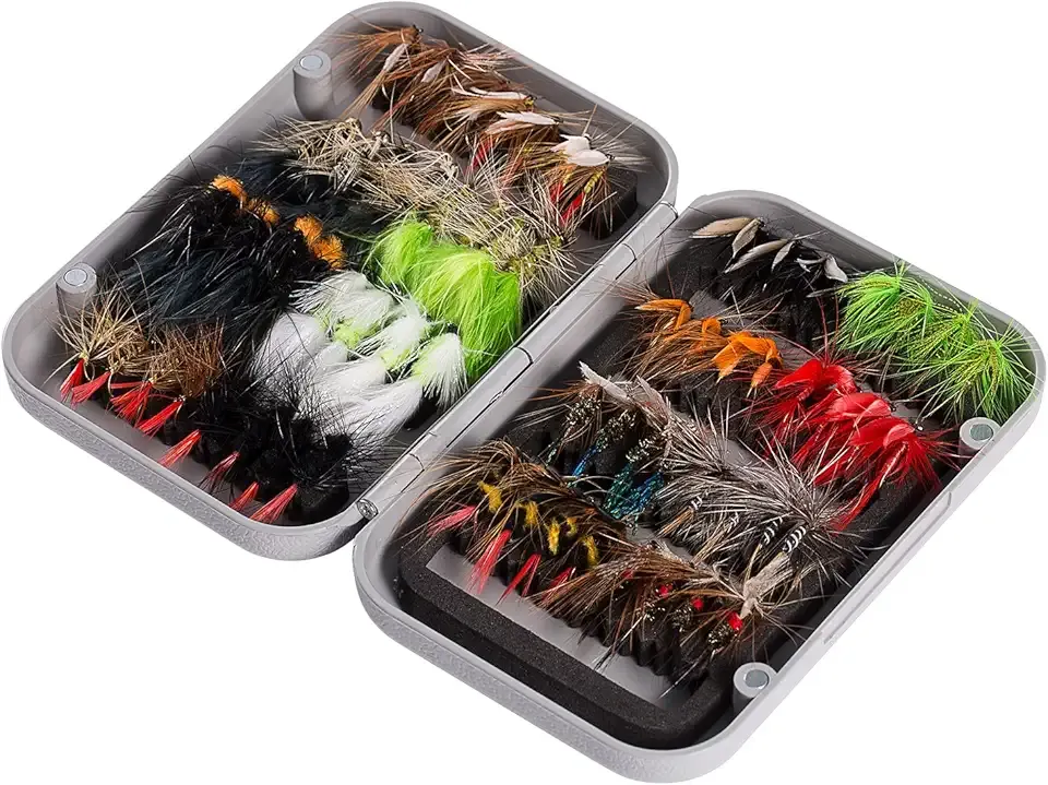 BASSDASH Fly Fishing Assorted Flies Kit, Pack of 64 pcs Including Dry and Wet Flies, Nymphs, Streamers, Terrestrials, Leeches and More, with Magnetic Fly Box