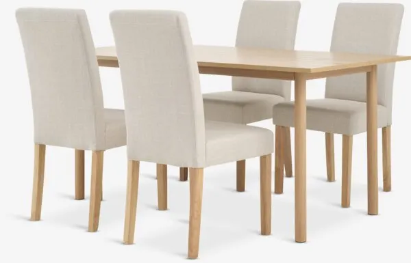 ALSTED L160 tafel naturel eik + 4 TUREBY stoelen beige