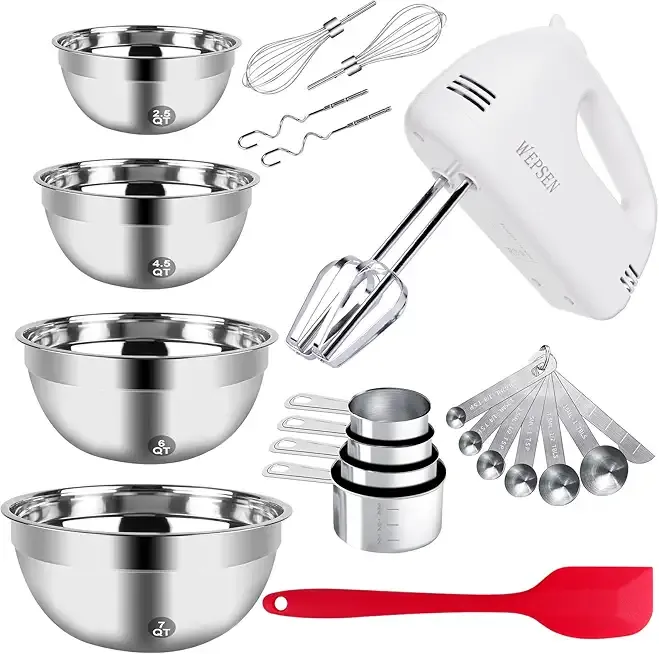 5-Speed Electric Hand Mixer, 4 Large Mixing Bowls Set, Handheld Mixers with Whisks Beater, Stainless Steel Metal Nesting Bowl Measuring Cups Spoons Kitchen Cake Blender for Baking Supplies