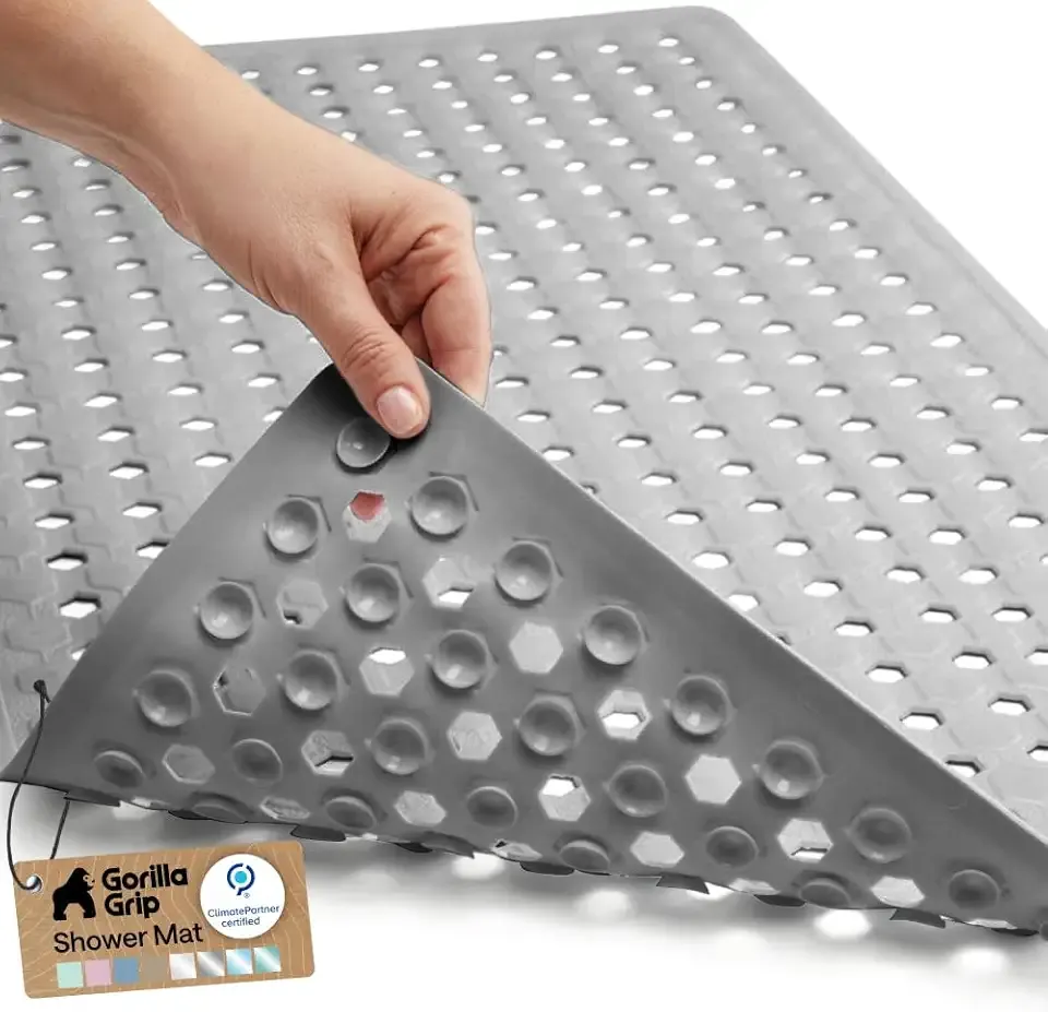 GORILLA GRIP Patented Bath Tub Shower Mat, Machine Washable Bathtub Floor Liner Mats, Suction Cups and Drain Holes to Keep Tubs Clean, Soft on Feet, Bathroom Essentials, 35x16 Inch, Gray Opaque
