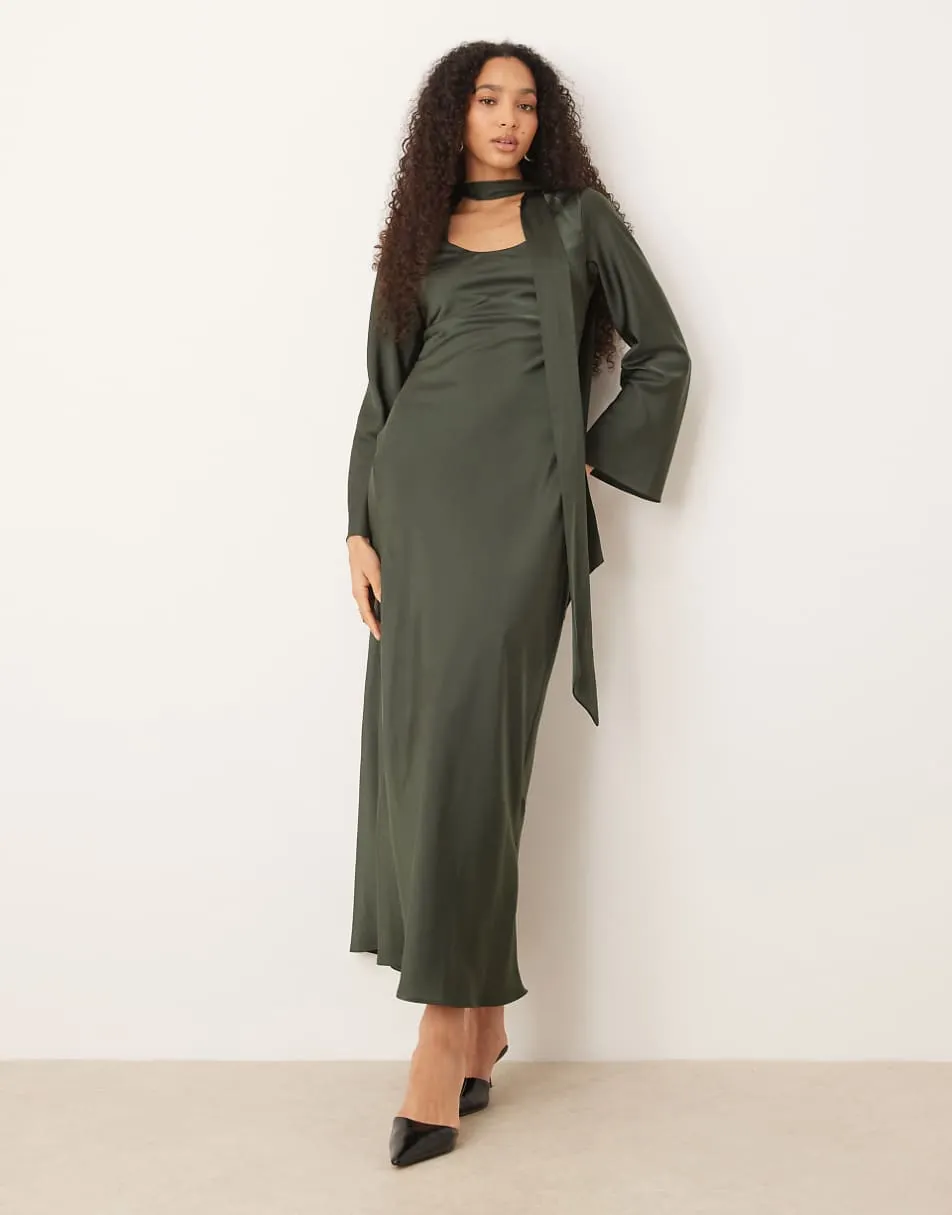 ASOS DESIGN scarf detail long sleeve maxi dress in dark green