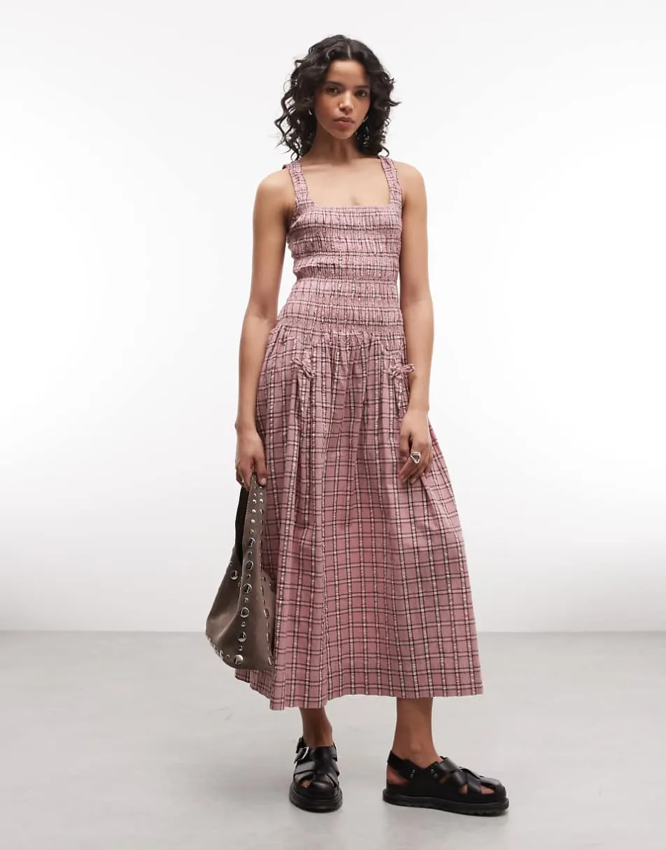 COLLUSION square neck shirred midi dress in pink check