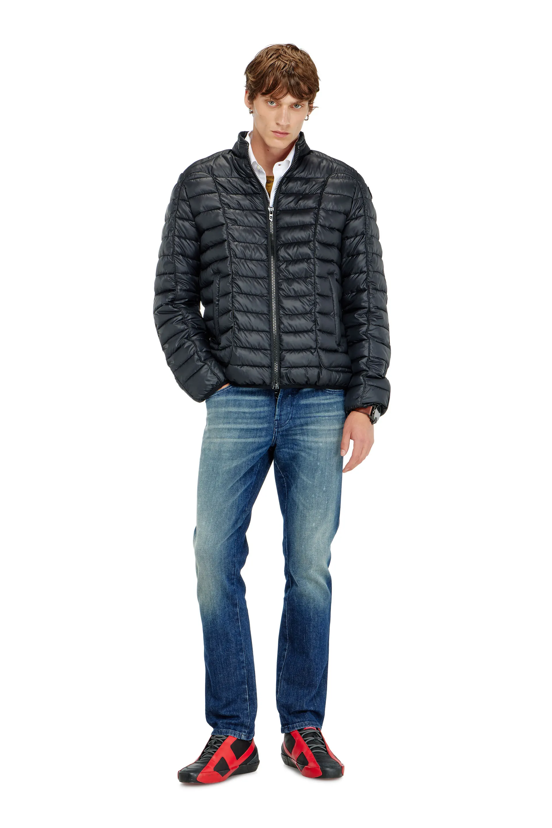 Biker-style puffer jacket with tonal piping