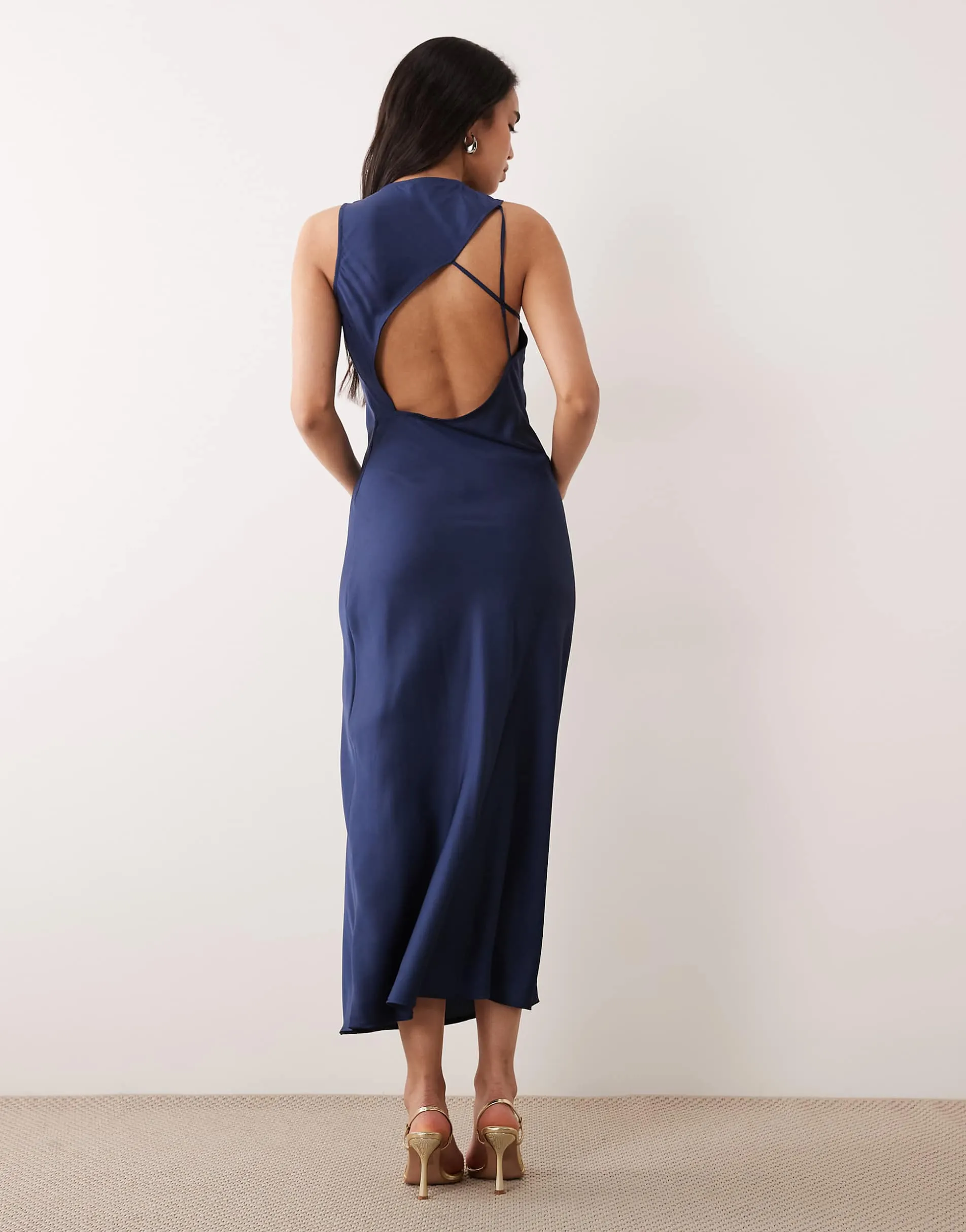 ONLY asymmetric back detail cowl neck midi dress in navy
