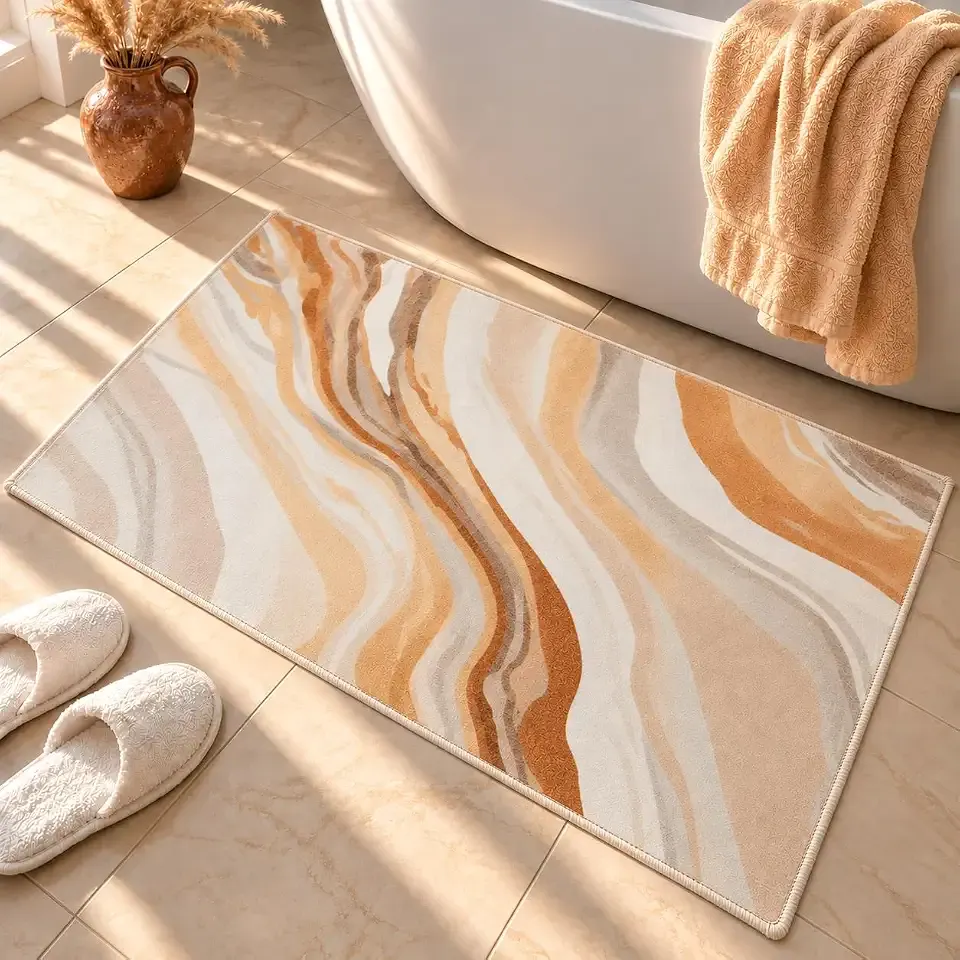Boho Marble Bathroom Rugs 30x20, Absorbent Thin Neutral Bath Mat, Washable