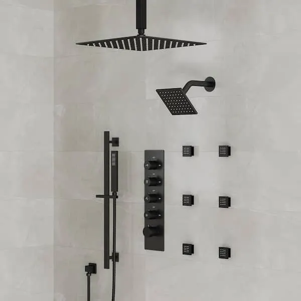 EVERSTEIN 15-Spray Patterns 16 and 6 in. Ceiling Mount Dual Shower Head and Handheld with Sliding Bar 2.5 GPM in Matte Black