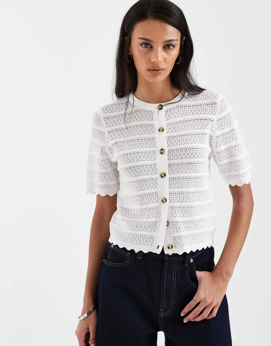 Brave Soul crochet knit short sleeve cardigan with scallop detail in white