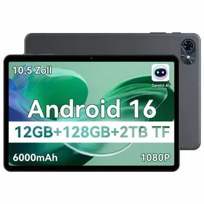 T80 Android 16 Tablet 10.1", 4GB RAM + 128GB ROM, 5G WiFi, Gemini Al, 6000mAh. Perfekt für Gaming mit Dual-Kamera, BT5.0, O1TG&Type-C.