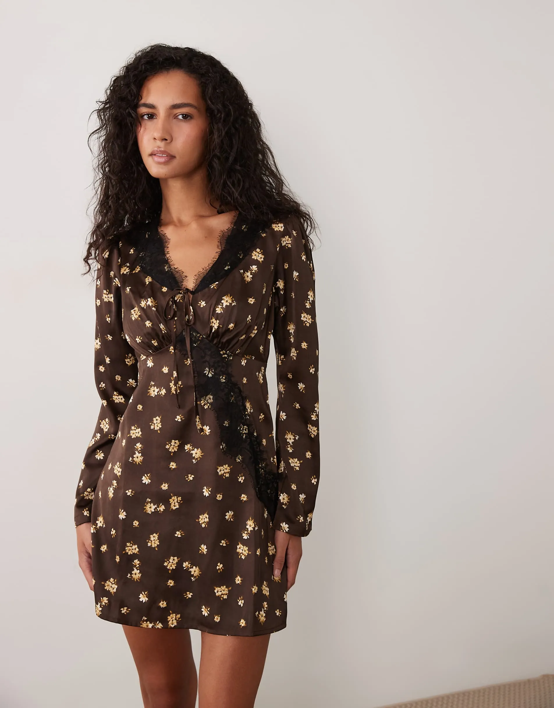Wednesday's Girl satin mini dress with lace trim in brown floral