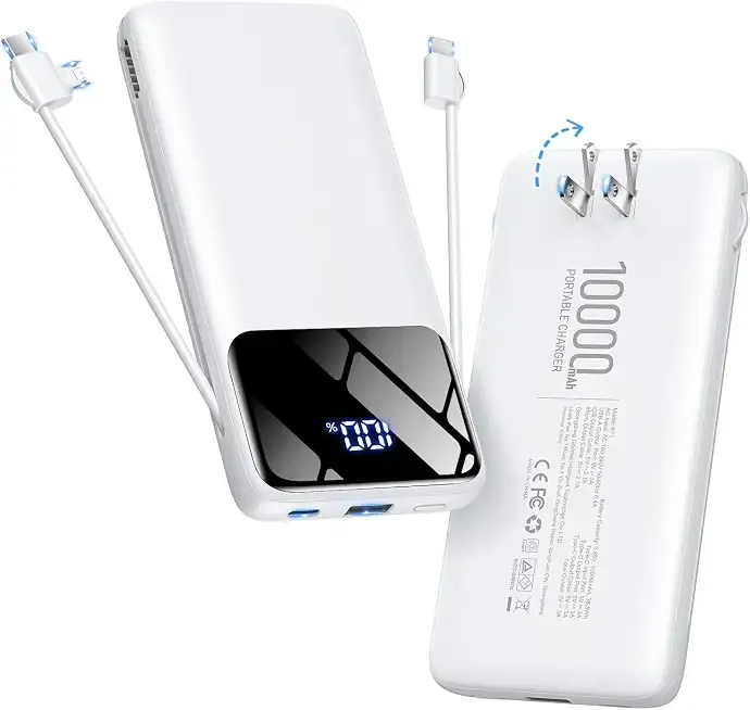 Portable Charger 10000mAh Power Bank with Built-in Cables and Wall Plug