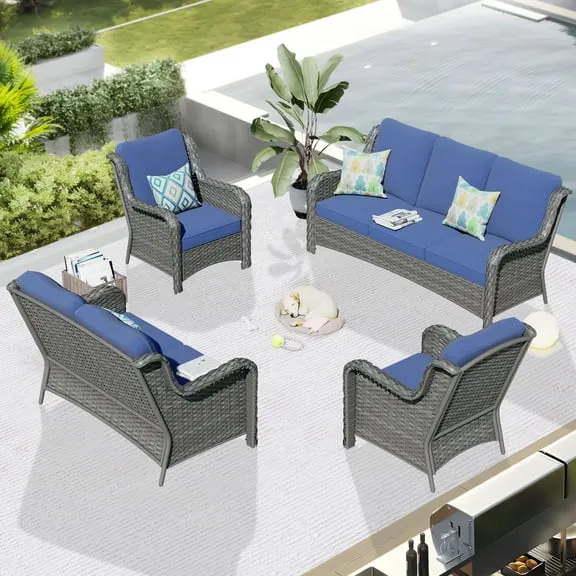 Ovios 4 Pieces Patio Furniture Wicker Outdoor Sectional Sofa, Grey Wicker