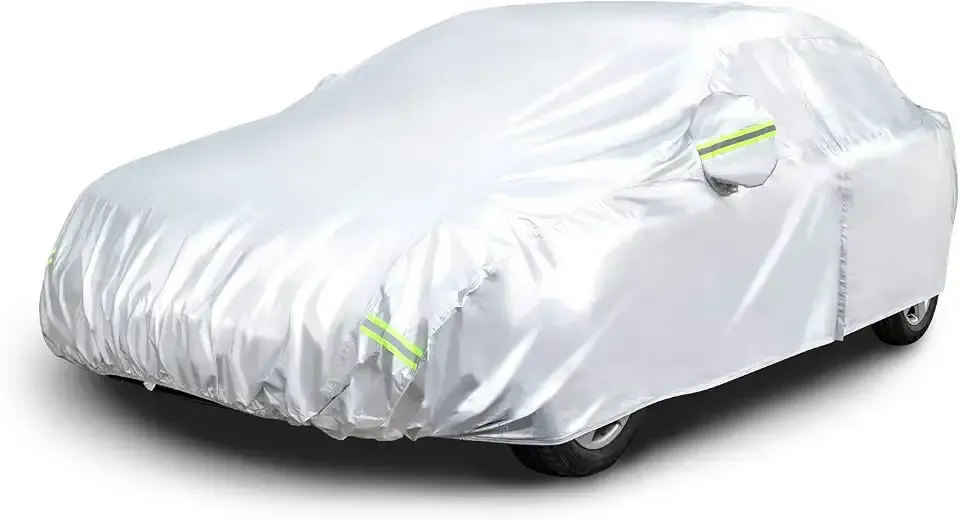 Amazon Basics Silver Weatherproof Car Cover, 150D Oxford, UV Protection, Snow Protection, Dustproof for Sedans up to 200", with Door Zipper