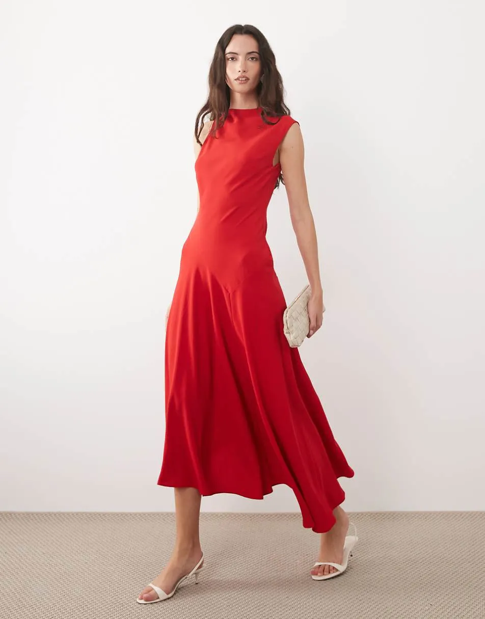 Mango sleeveless asymmetric hem maxi dress in red