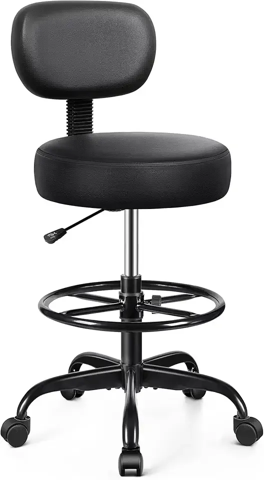 Drafting Chair with Backrest – Adjustable Foot Rest Rolling Stool with Wheels, PU Leather Swivel Stool for Office Spa Studio Lab Counter Salon Home Work Bar Kitchen Shop(Black)