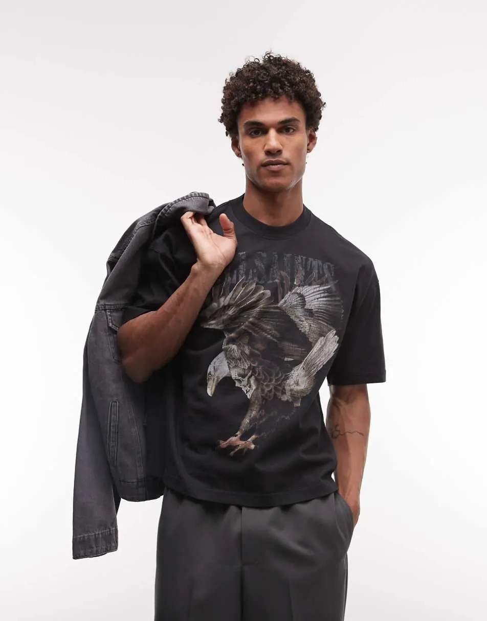 AllSaints x ASOS Exclusive eagle graphic vintage logo t-shirt in washed black