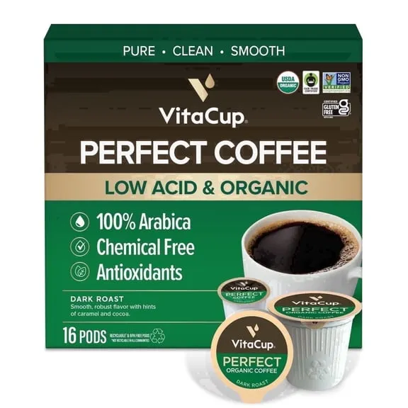 VitaCup Perfect Low Acid Coffee Pods, Dark Roast Organic Coffee Pods, 16 Count