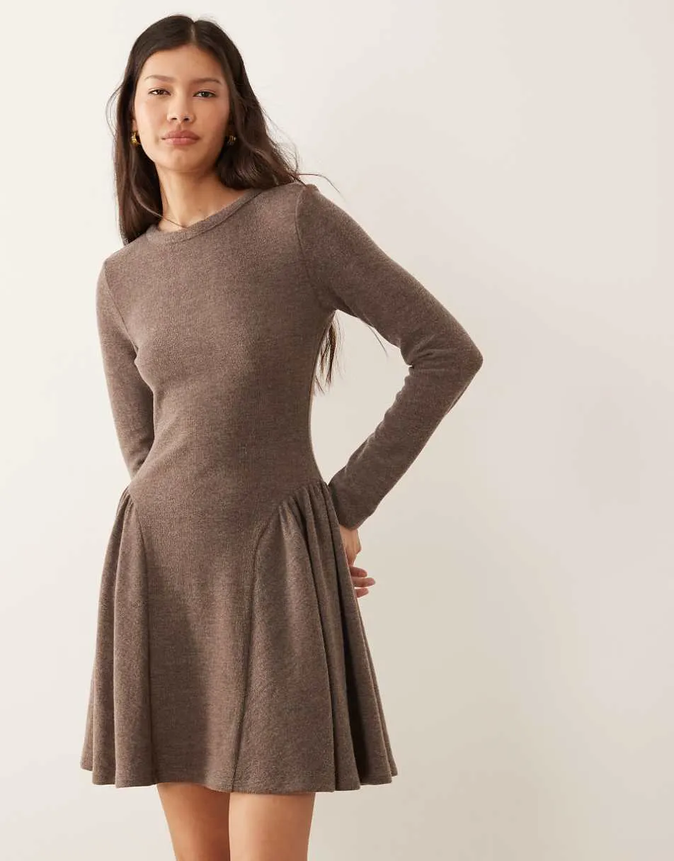 ASOS DESIGN supersoft long sleeve godet mini dress in chocolate