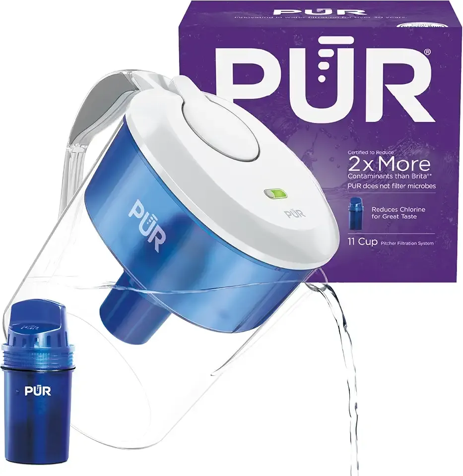 PUR 11-Cup Water Pitcher, 1 Genuine PUR Filter, Cleaner, Great-tasting Water, Dishwasher Safe, Powerful Filtration, Filter Change Light Indicator, LockFit Cap Design - White