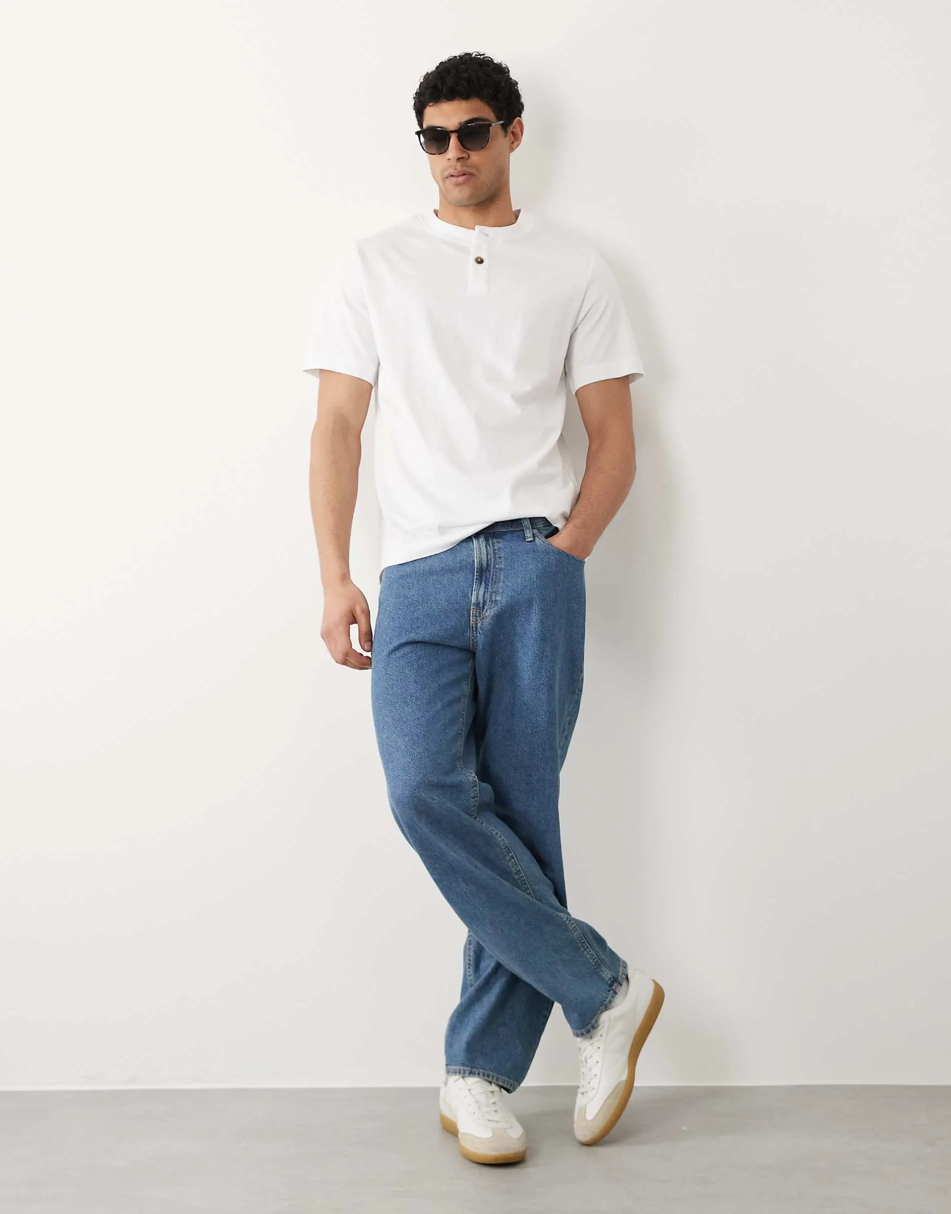 Selected heavyweight short sleeved henley t-shirt in white