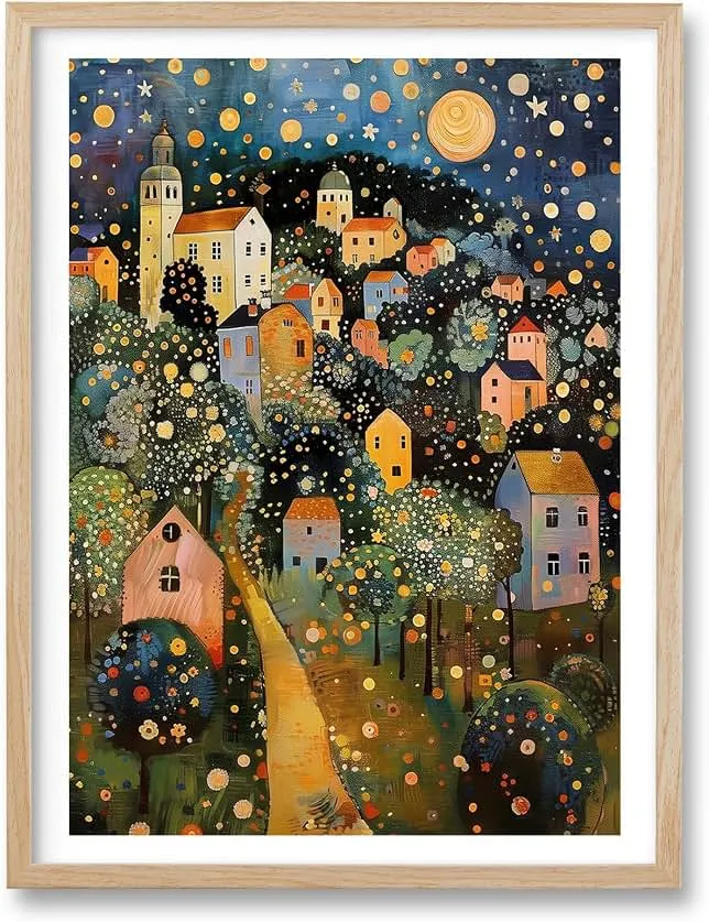 HesenDot Gustav Klimt Moon Stars Natural OAK Wood Framed Wall Art,12x16in | Village Night Canvas Print Posters Art, Klimt Exhibition W…