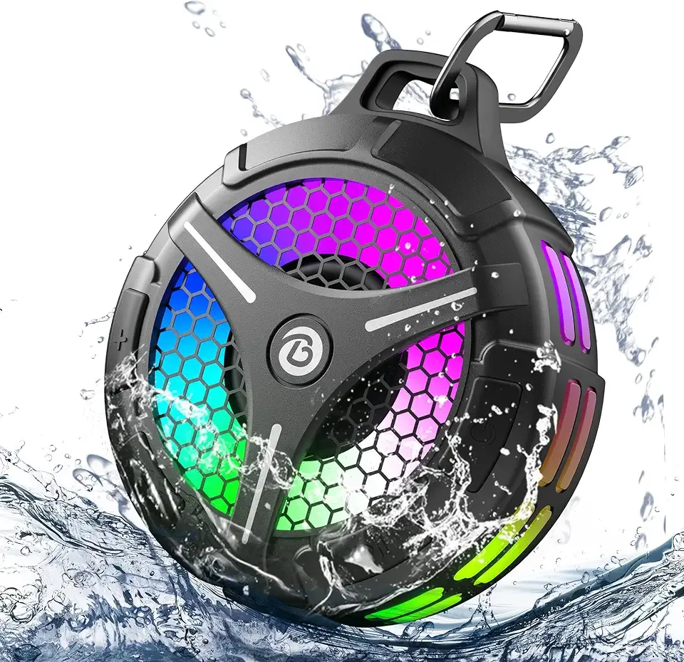 Bluetooth Shower Speaker, Suction Cup, Small Portable Wireless IPX7 Waterproof Outdoor Speakers, 15W Loud Stereo Sound Deep Bass, TWS Pairs, 6 Mode RGB Lights, All Ages Gift for Christmas