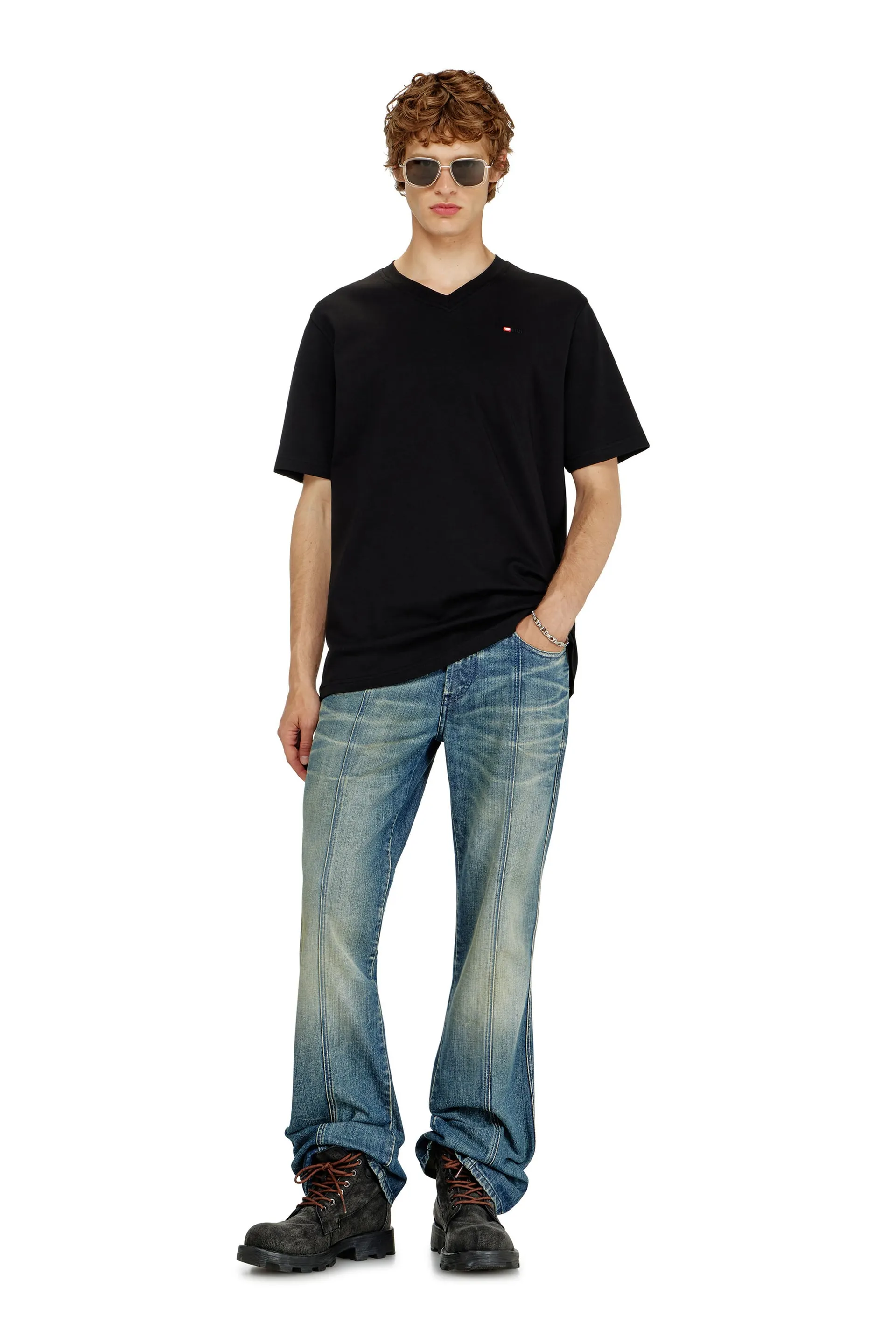 V-neck T-shirt with micro logo embroidery