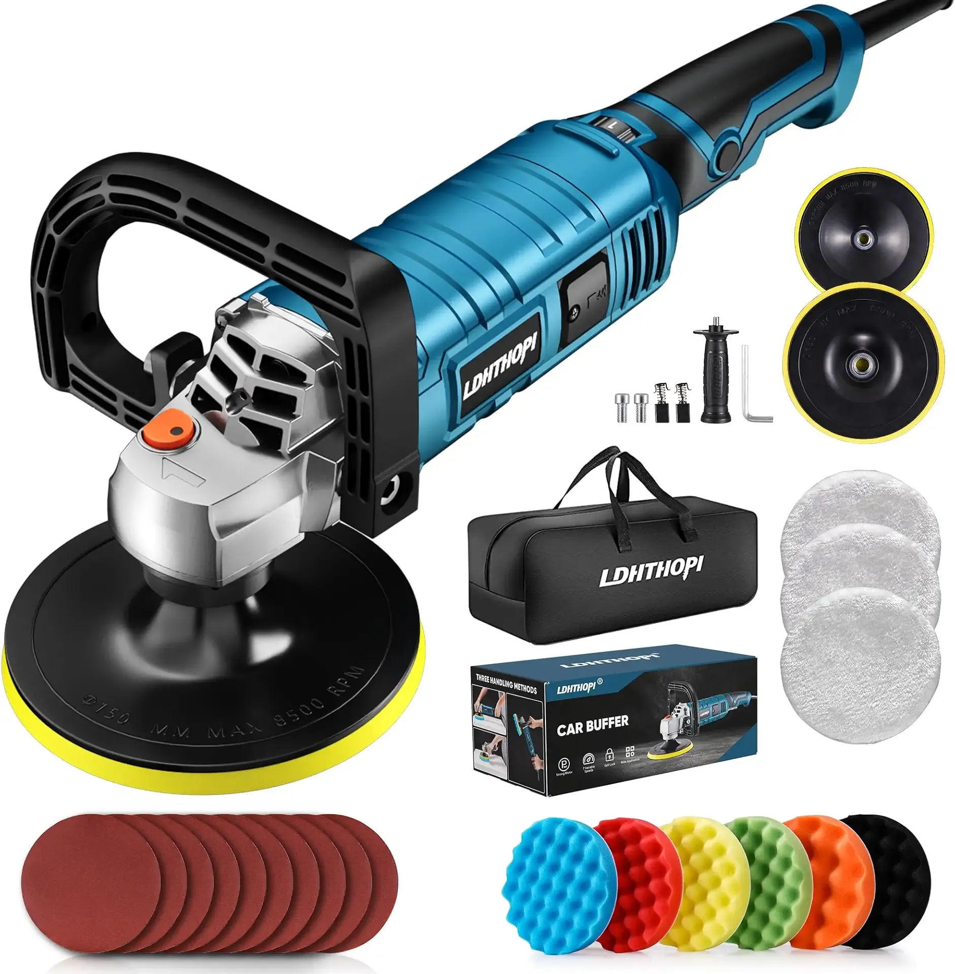 LDHTHOPI Buffer Polisher, 1600W 7 Inch/6 Inch Rotary Buffer Polisher Waxer, 7 Variable Speed 1000-3500 RPM, Detachable Handle for Car, Boat Sanding, Polishing, Waxing