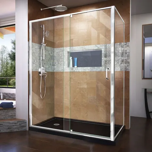 Flex 36 in. D x 60 in. W x 74.75 in. H Corner Shower Kit Enclosure with Black Acrylic Base, Left Drain & Clear Glass Pivot Door in Chrome (No Shower Wall)
