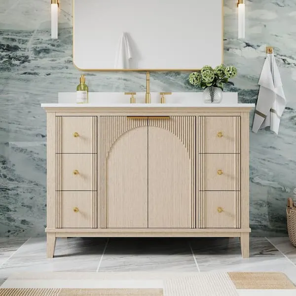 ANGELES HOME 48 in. Freestanding Solid Wood Oak Bath Vanity with White Quartz Top Assembled, Soft-Close Drawers and Doors, Backsplash