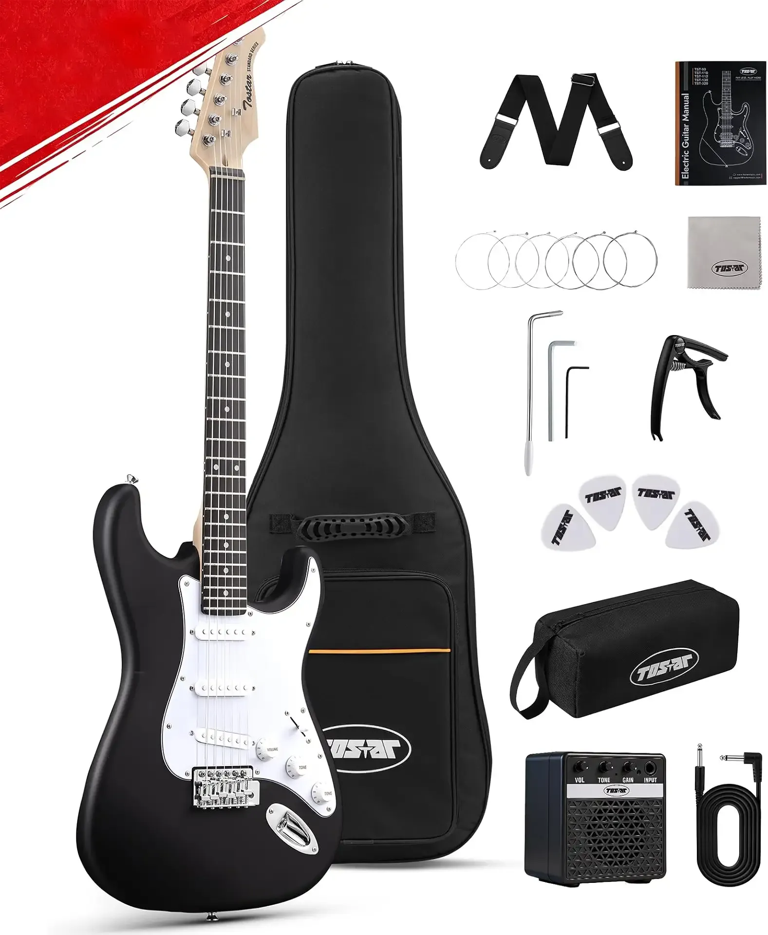 Tostar Electric Guitar Kit for Beginners with 39" Lightweight Body, Black | Rounded Matte Body, SSS Pickups, 5 Way Switch, 1:18 Tuners, Vintage Tremolo Bridge, 10W Amp, Complete Accessories Kit