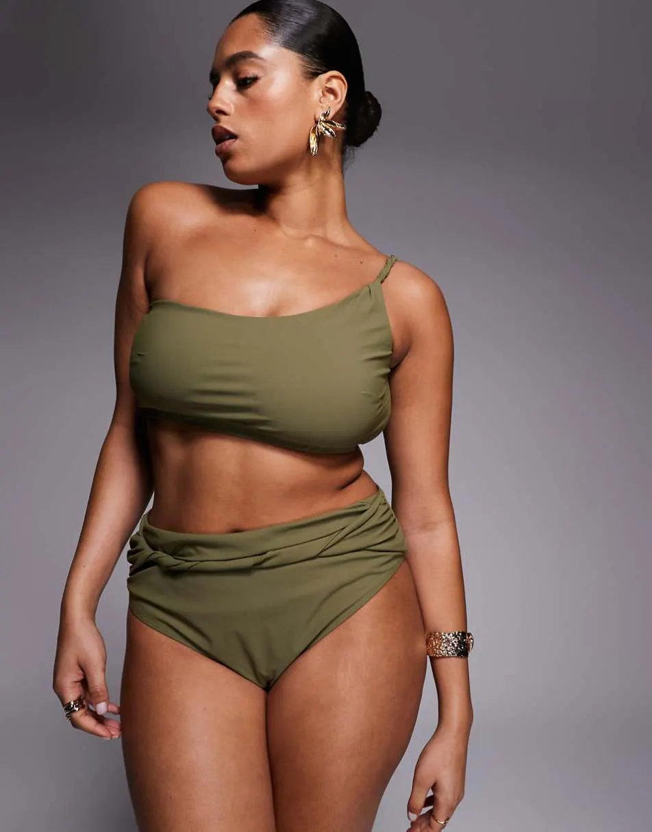 ASOS DESIGN Curve Tina Twisted paper touch high waist high leg twist front bikini bottom in khaki