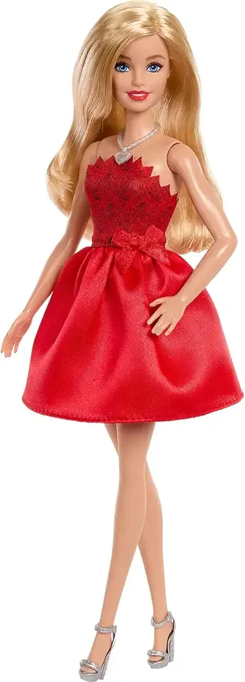 Mattel 80th Anniversary Ruby-Red Celebration Blonde Fashion Doll Wearing Red Dress with Silvery Shoes & Necklace, Collectible Toy
