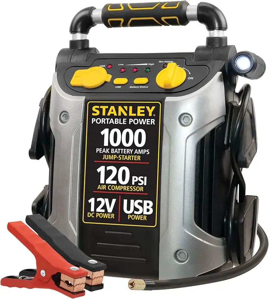 STANLEY J5C09 1000 Peak Amp Automotive Jump Starter, Portable Power – 2.1A/10W USB Port, 12V Outlet, 120 PSI Air Compressor for Tires, Bikes & Sports Equipment